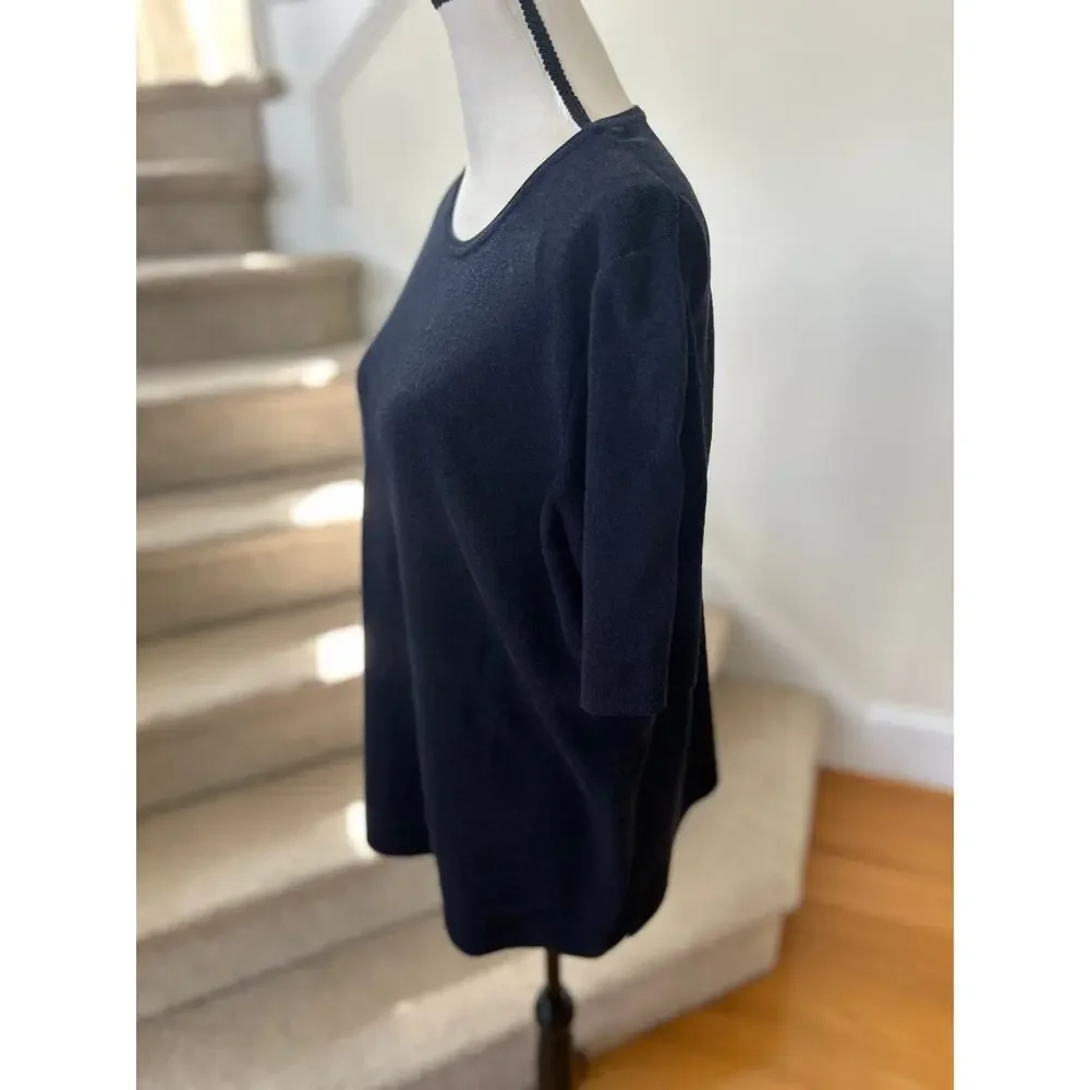 MM LaFleur Choe Navy Blue Crewneck Thick Knit Short Sleeve Top